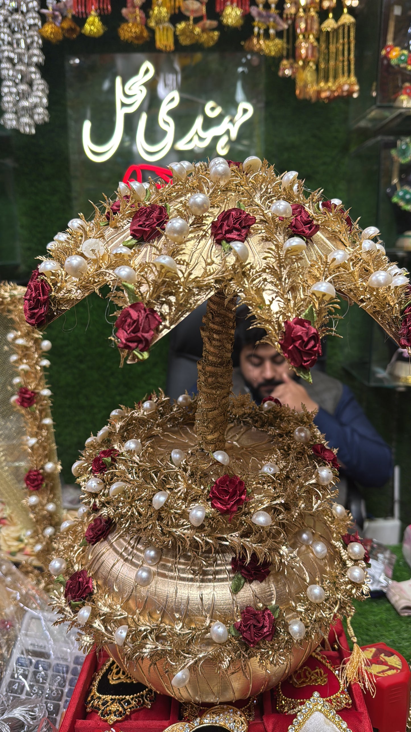 Gold Work Floral Matki with Umbrella