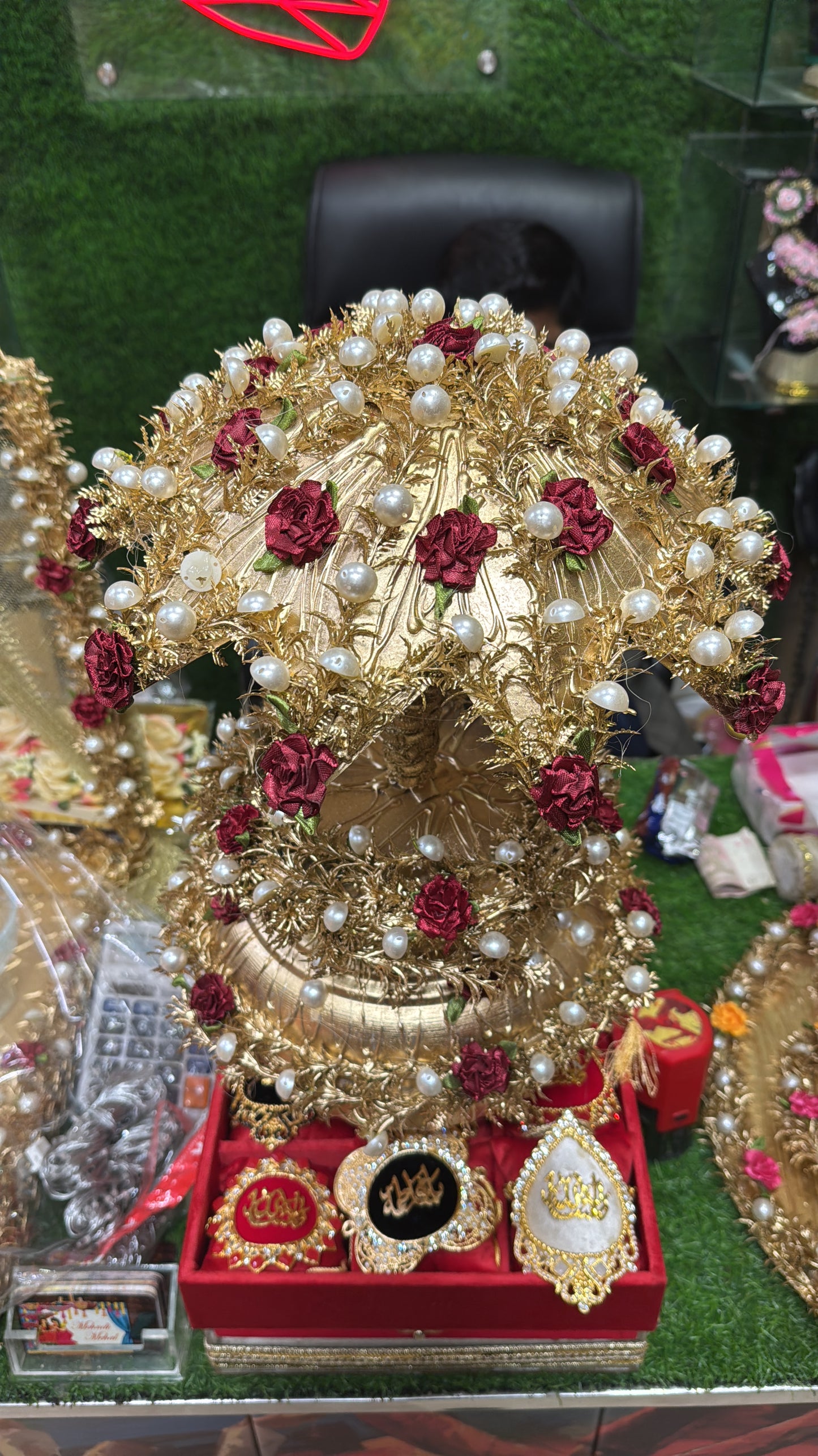Gold Work Floral Matki with Umbrella