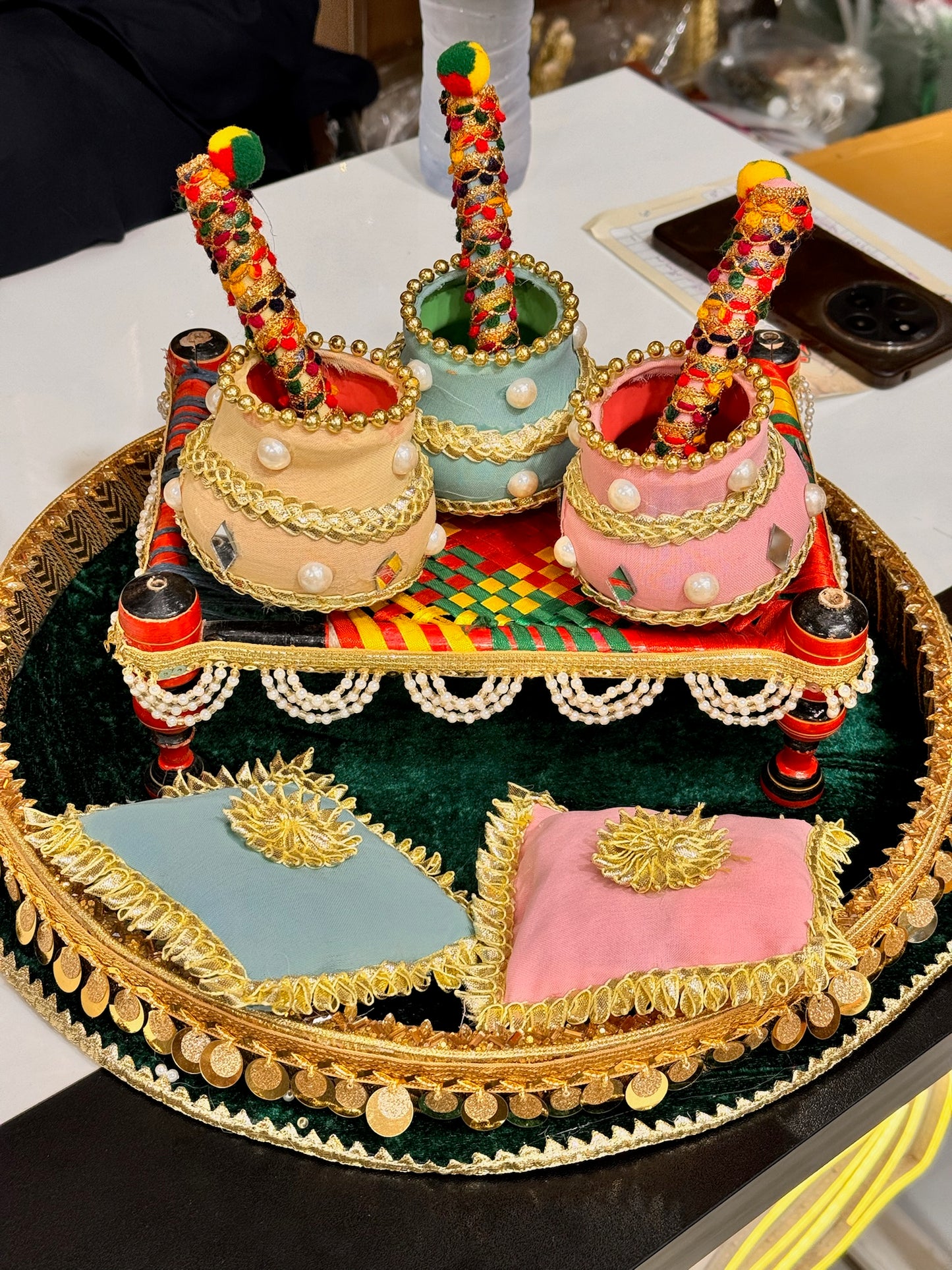 Mehndi Round Velvet Diya Thaal