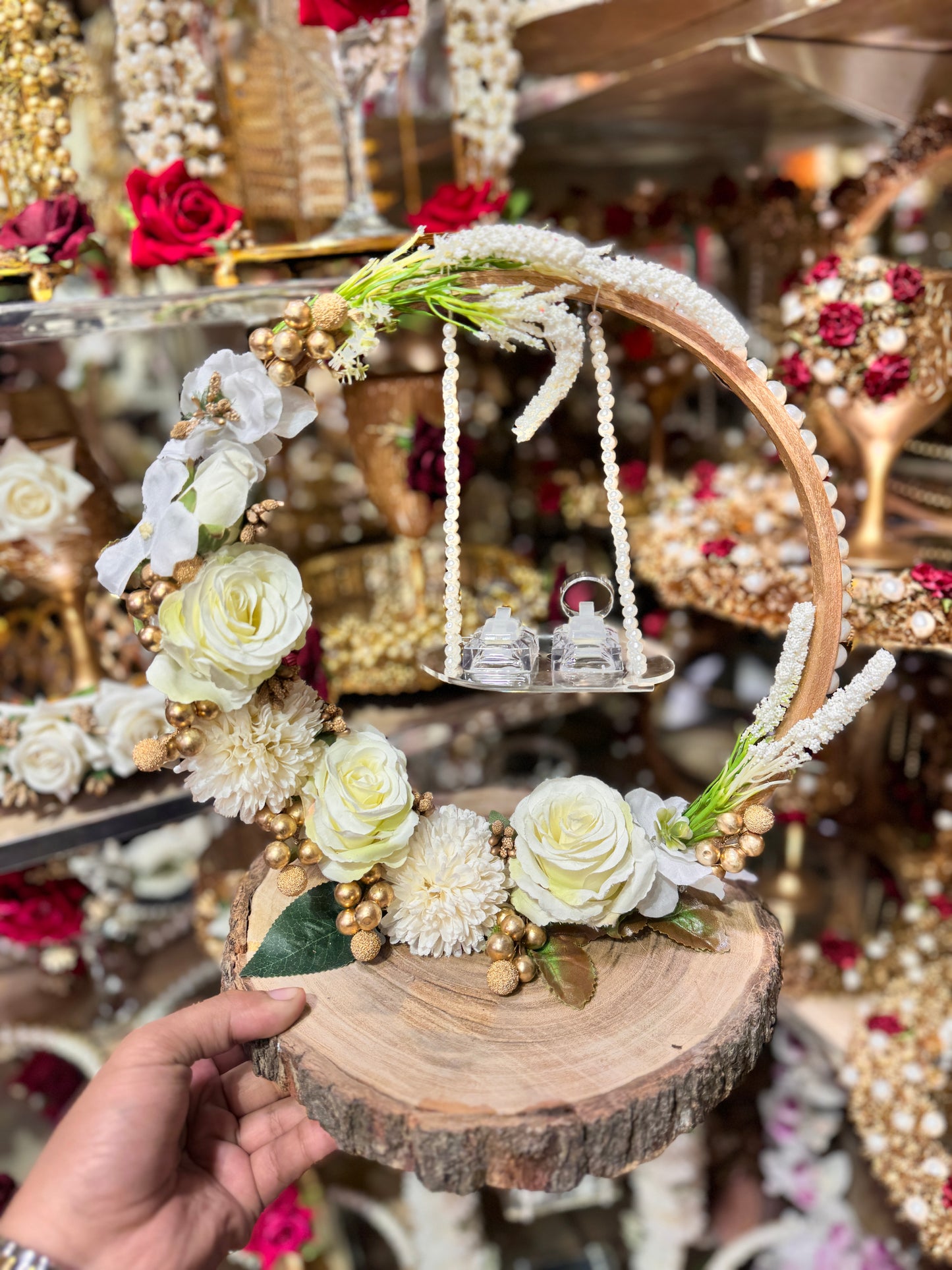 Floral Back Wooden Base Jhoola Ring Plate