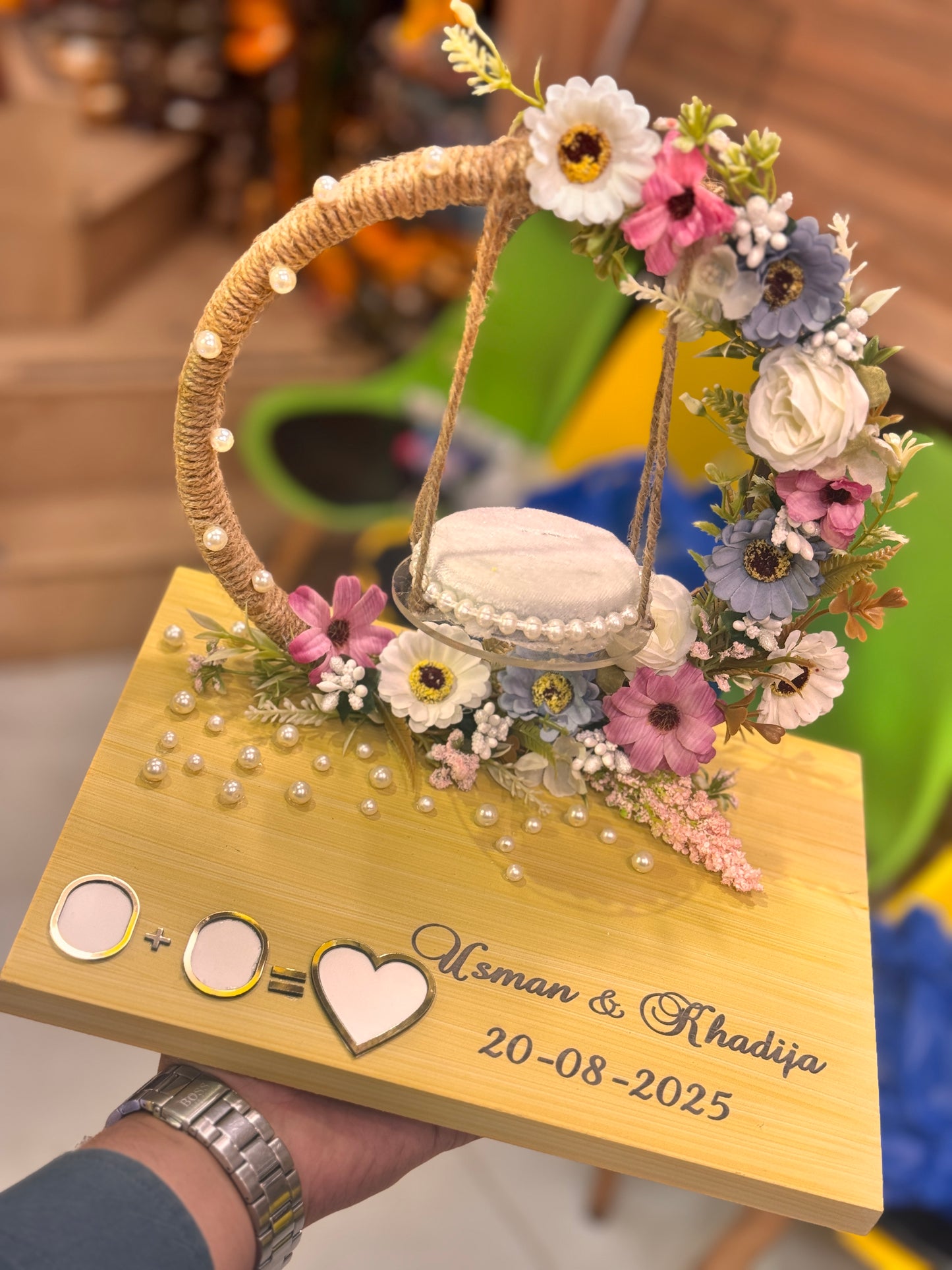 Wooden Square Base Jhoola Ring Plate